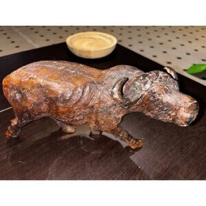 Hand Carved Wooden Water Buffalo Figurine Vintage Animal Sculpture Rustic Décor